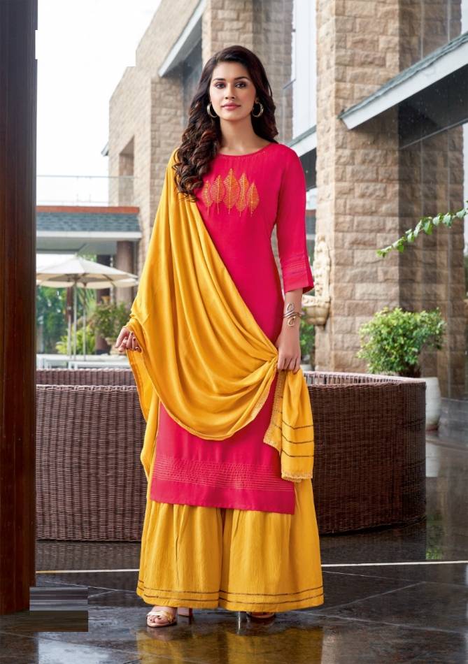 Kadlee Belliza Fancy Festive Wear Rayon Kurti With Sharara And Dupatta Collection
